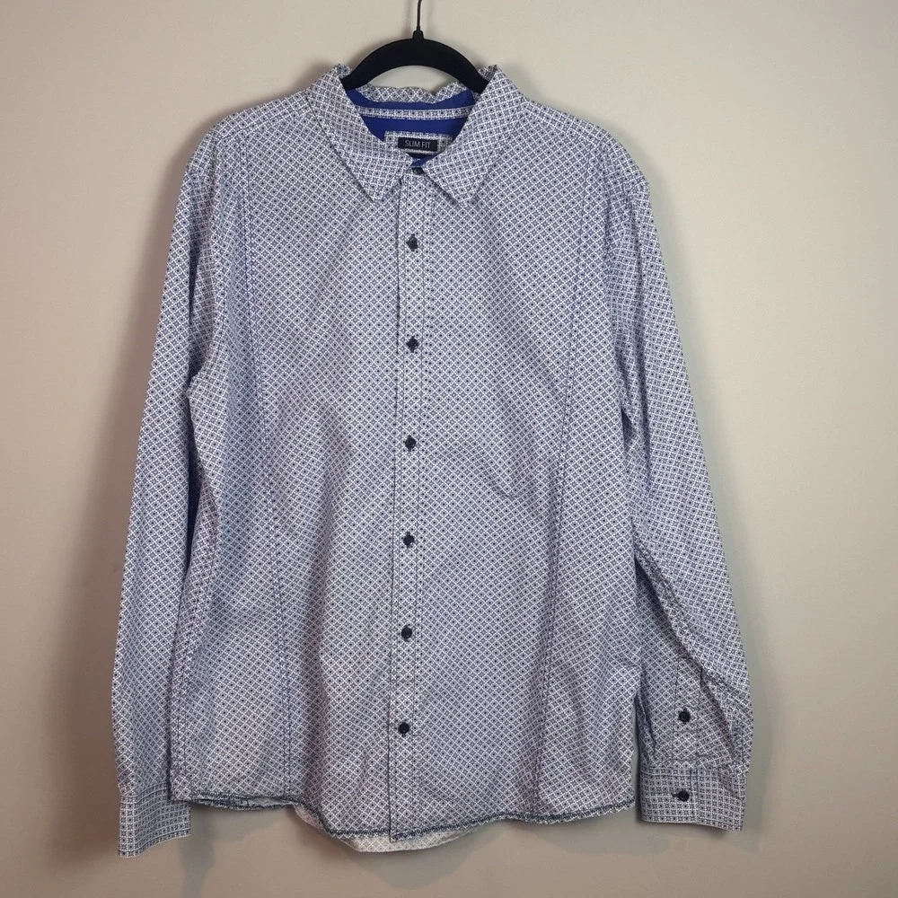prAna‎ Organic cotton Lukas Poplin Slim Fit Geometric print Long Sleeve Shirt XL